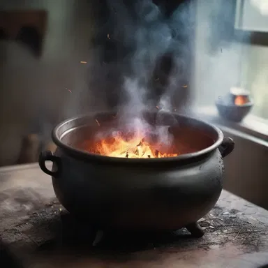 The witch's cauldron boiled over, causing a mysterious concoction to splatter across the room, releasing magical sparks.