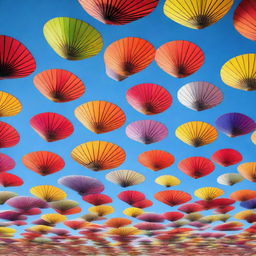 A sky full of floating, soaring fans, each with its unique colour and design