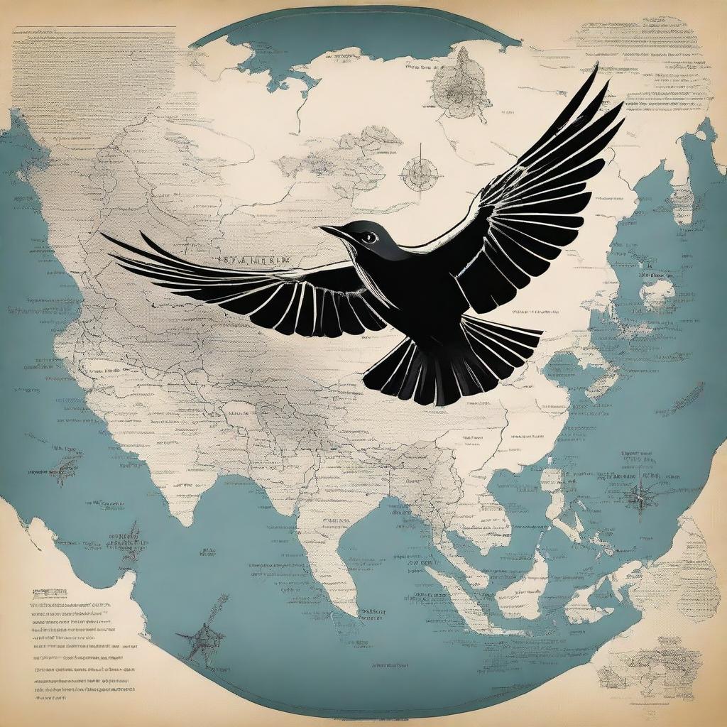 A top-quality digital art piece, designed as a book cover, presents a symbolic nightingale bird soaring above an open Asia-Europe map with road trip elements