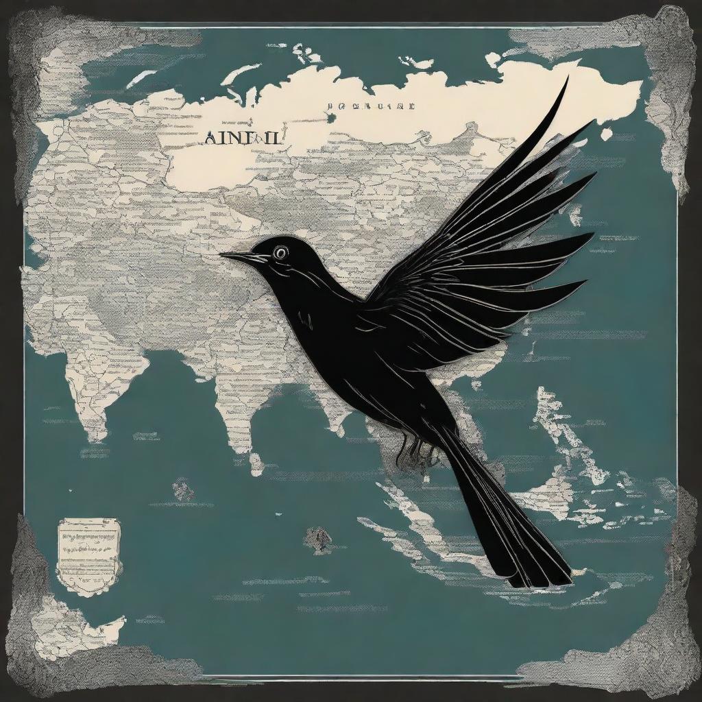 A top-quality digital art piece, designed as a book cover, presents a symbolic nightingale bird soaring above an open Asia-Europe map with road trip elements