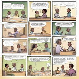 Create a dynamic four to six-panel comic strip that illustrates real-world use of mathematics. Each panel should contain an engaging scene progressing the narrative towards a powerful ending with a humorous punchline related to mathematics.