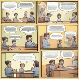 Create a dynamic four to six-panel comic strip that illustrates real-world use of mathematics. Each panel should contain an engaging scene progressing the narrative towards a powerful ending with a humorous punchline related to mathematics.