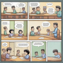 Create a dynamic four to six-panel comic strip that illustrates real-world use of mathematics. Each panel should contain an engaging scene progressing the narrative towards a powerful ending with a humorous punchline related to mathematics.