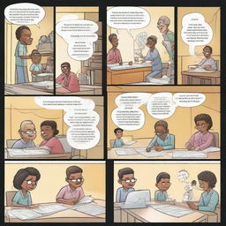 Create a dynamic four to six-panel comic strip that illustrates real-world use of mathematics. Each panel should contain an engaging scene progressing the narrative towards a powerful ending with a humorous punchline related to mathematics.