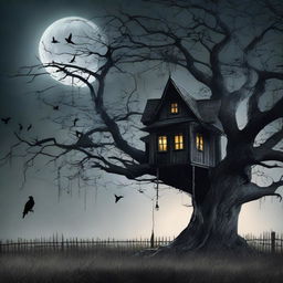 A chilling scene from a horror story with a spooky haunted house, cobwebs glistening in the moonlight, and a lone raven perched on a gnarled old tree.