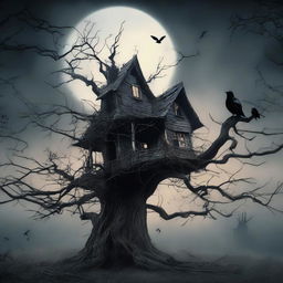 A chilling scene from a horror story with a spooky haunted house, cobwebs glistening in the moonlight, and a lone raven perched on a gnarled old tree.