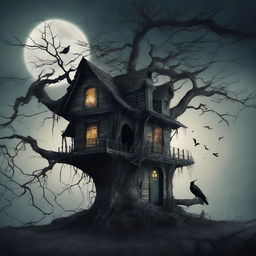 A chilling scene from a horror story with a spooky haunted house, cobwebs glistening in the moonlight, and a lone raven perched on a gnarled old tree.