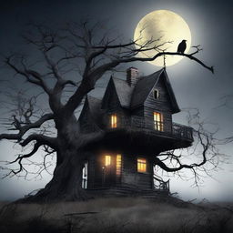 A chilling scene from a horror story with a spooky haunted house, cobwebs glistening in the moonlight, and a lone raven perched on a gnarled old tree.