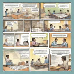 Create a dynamic four to six-panel comic strip that illustrates real-life applications of mathematics. Each panel should progress the narrative with compelling scenes that culminate in an impactful resolution.