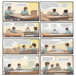 Create a dynamic four to six-panel comic strip that illustrates real-life applications of mathematics. Each panel should progress the narrative with compelling scenes that culminate in an impactful resolution.