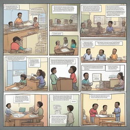 Create a dynamic four to six-panel comic strip that illustrates real-life applications of mathematics. Each panel should progress the narrative with compelling scenes that culminate in an impactful resolution.