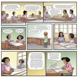 Create a dynamic four to six-panel comic strip that illustrates real-life applications of mathematics. Each panel should progress the narrative with compelling scenes that culminate in an impactful resolution.