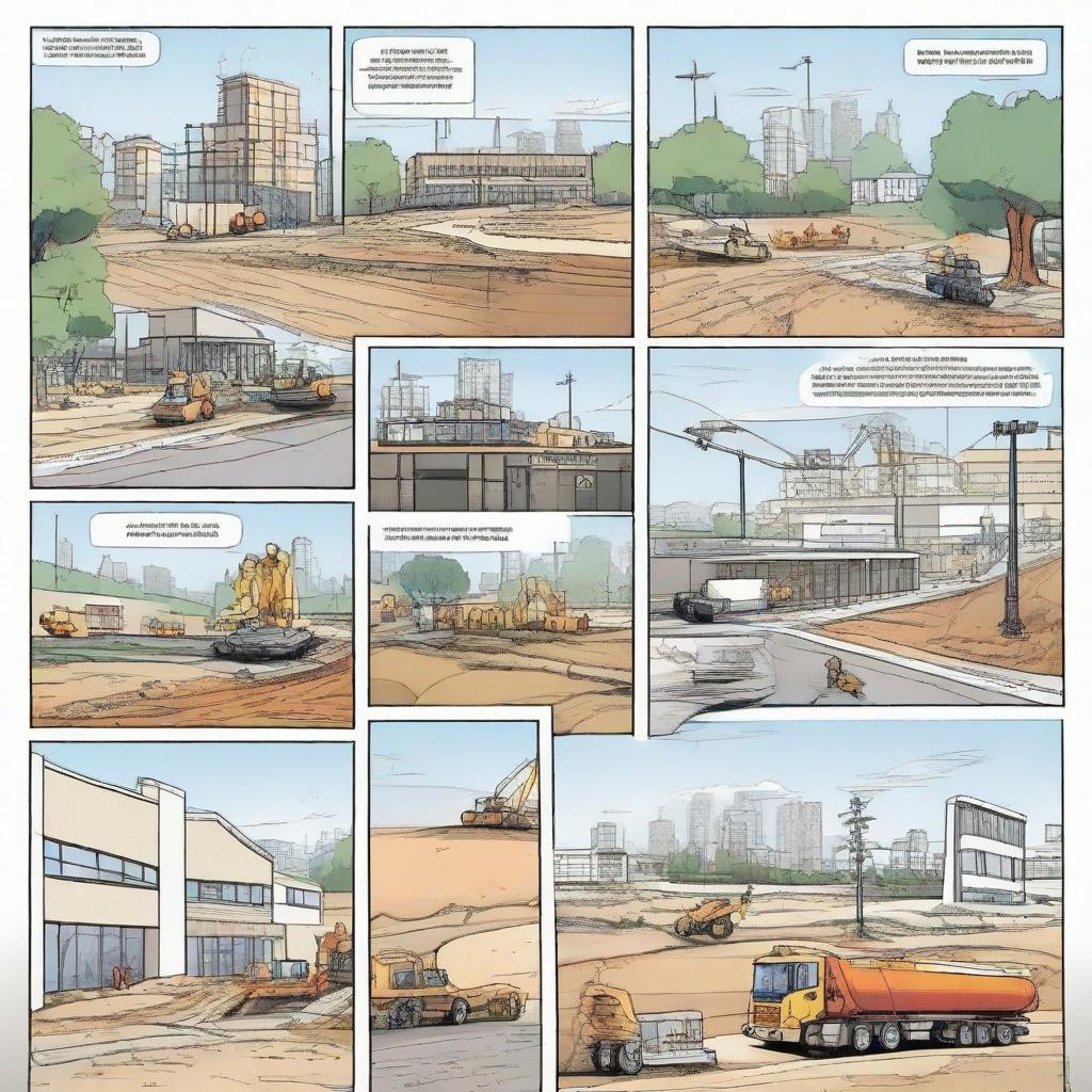 Create a six-panel comic strip showcasing different aspects of civil engineering. Each panel should accurately depict one key aspect, progressing the narrative to display the workings of a civil engineering project.