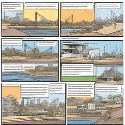 Create a six-panel comic strip showcasing different aspects of civil engineering. Each panel should accurately depict one key aspect, progressing the narrative to display the workings of a civil engineering project.