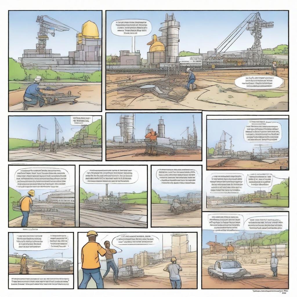 Create a six-panel comic strip showcasing different aspects of civil engineering. Each panel should accurately depict one key aspect, progressing the narrative to display the workings of a civil engineering project.