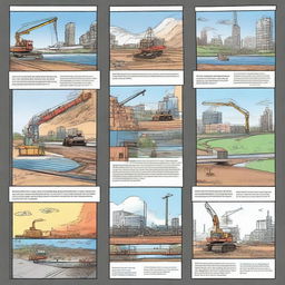 Create a six-panel comic strip showcasing different aspects of civil engineering. Each panel should accurately depict one key aspect, progressing the narrative to display the workings of a civil engineering project.