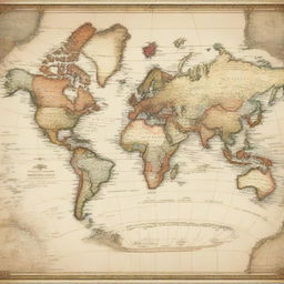 A detailed world map with clearly labeled continents, countries, and oceans. A classy antique styling with soft, muted shades.