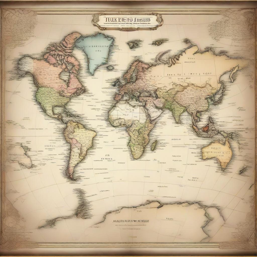 A detailed world map with clearly labeled continents, countries, and oceans. A classy antique styling with soft, muted shades.