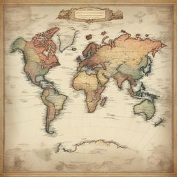 A detailed world map with clearly labeled continents, countries, and oceans. A classy antique styling with soft, muted shades.