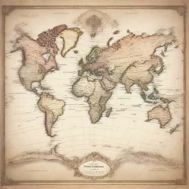 A detailed world map with clearly labeled continents, countries, and oceans. A classy antique styling with soft, muted shades.