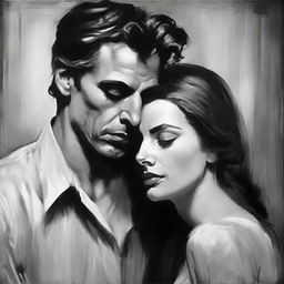 Paint a black and white portrait of a man deeply in love with a woman who does not reciprocate his feelings, capturing the yearning and disappointment.