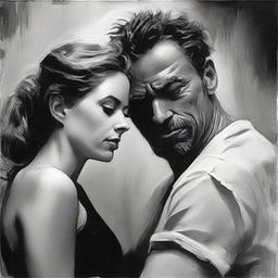 Paint a black and white portrait of a man deeply in love with a woman who does not reciprocate his feelings, capturing the yearning and disappointment.