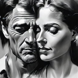 Paint a black and white portrait of a man deeply in love with a woman who does not reciprocate his feelings, capturing the yearning and disappointment.