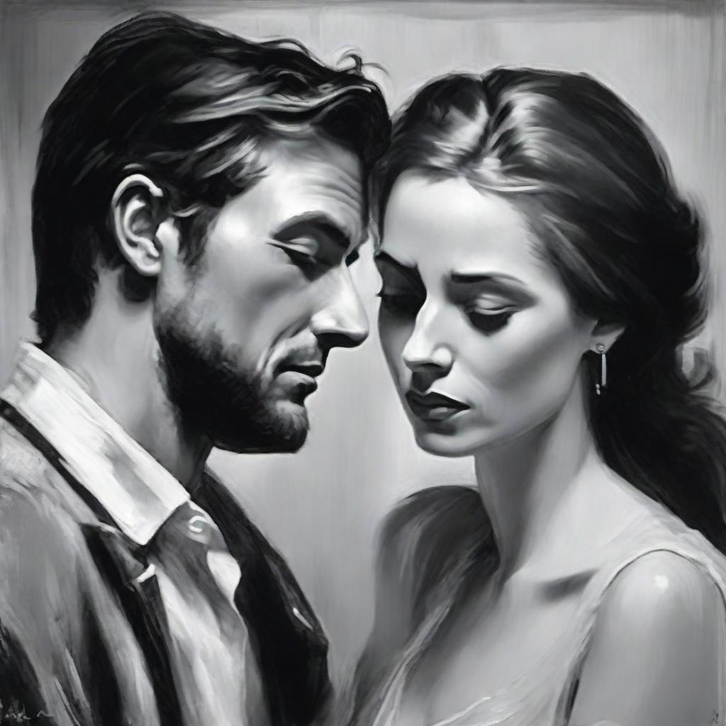 Paint a black and white portrait of a man deeply in love with a woman who does not reciprocate his feelings, capturing the yearning and disappointment.