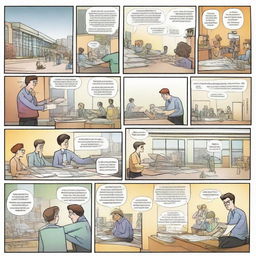 Craft a four to six-panel comic strip illustrating a civil engineering college course. Each panel should depict unique moments in the classroom setting, progressing from introductions to complex project planning and execution.