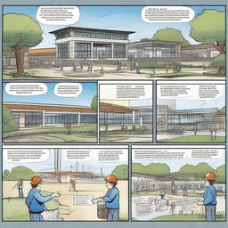 Craft a four to six-panel comic strip illustrating a civil engineering college course. Each panel should depict unique moments in the classroom setting, progressing from introductions to complex project planning and execution.