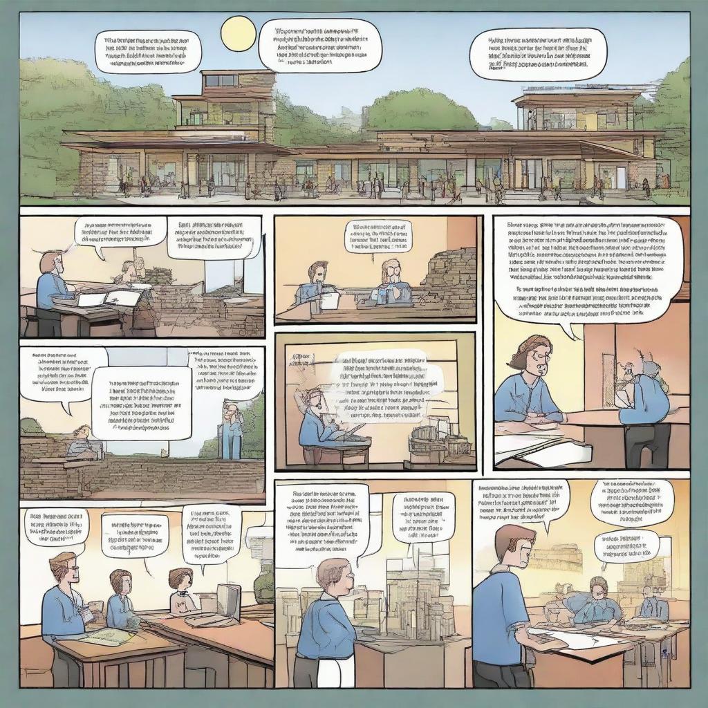 Craft a four to six-panel comic strip illustrating a civil engineering college course. Each panel should depict unique moments in the classroom setting, progressing from introductions to complex project planning and execution.