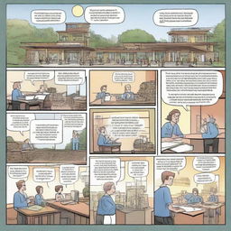 Craft a four to six-panel comic strip illustrating a civil engineering college course. Each panel should depict unique moments in the classroom setting, progressing from introductions to complex project planning and execution.