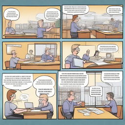 Craft a four to six-panel comic strip illustrating a civil engineering college course. Each panel should depict unique moments in the classroom setting, progressing from introductions to complex project planning and execution.