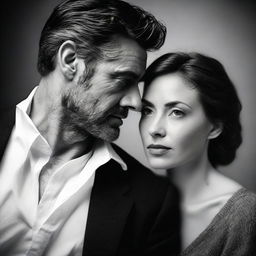 Render a black and white portrait showing a man deeply in love with a woman who dislikes him, capturing the stark disparity of emotions.