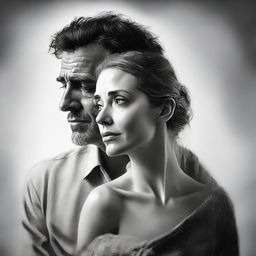 Render a black and white portrait showing a man deeply in love with a woman who dislikes him, capturing the stark disparity of emotions.