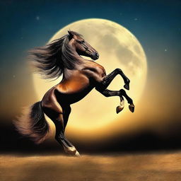 A graceful horse majestically dancing under the radiant glow of the full moon.