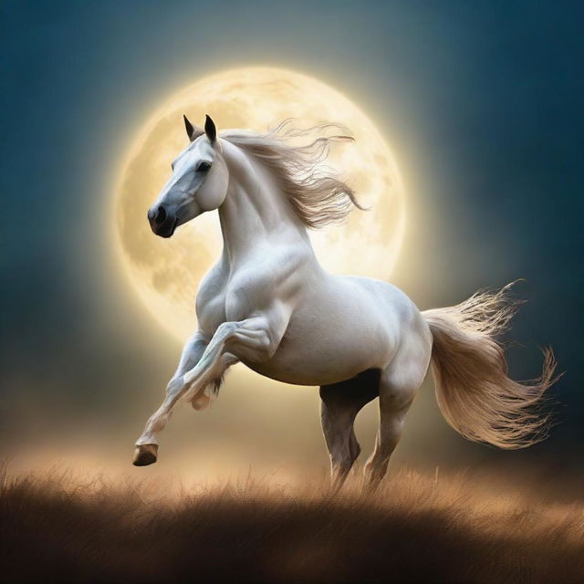 A graceful horse majestically dancing under the radiant glow of the full moon.