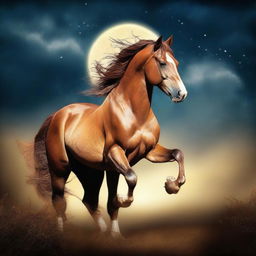 A graceful horse majestically dancing under the radiant glow of the full moon.