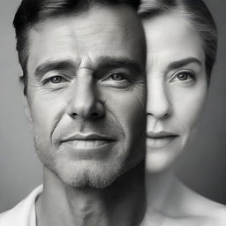 Generate a black and white portrait where a man deeply loves a woman, who is turned away from him in dislike, showcasing their contrasting emotions juxtaposed within the same frame.