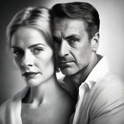 Generate a black and white portrait where a man deeply loves a woman, who is turned away from him in dislike, showcasing their contrasting emotions juxtaposed within the same frame.