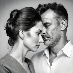 A black and white portrait of a man lovingly gazing at a woman, who shows unmistakable signs of indifference or discomfort, indicating she does not reciprocate his feelings.