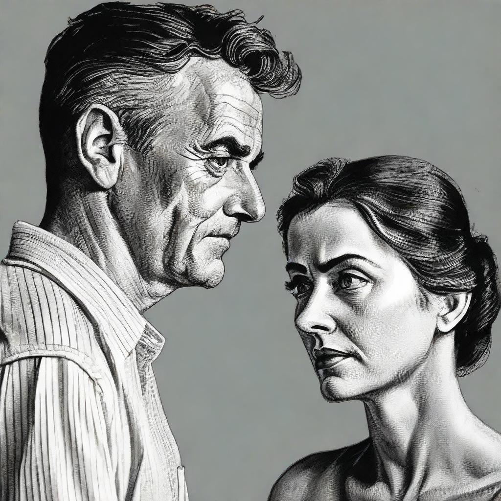 A black and white portrait of a man lovingly gazing at a woman, who shows unmistakable signs of indifference or discomfort, indicating she does not reciprocate his feelings.