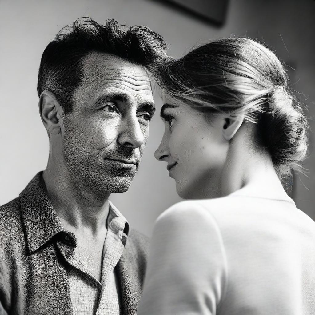 A black and white portrait of a man lovingly gazing at a woman, who shows unmistakable signs of indifference or discomfort, indicating she does not reciprocate his feelings.