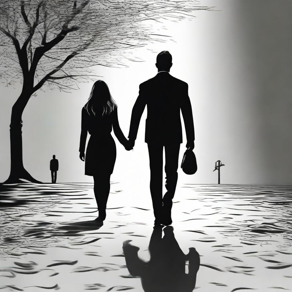 Compose a black and white image of a man walking towards his love, a woman who walks away from him, symbolizing diverging and contrasting emotions between the two.