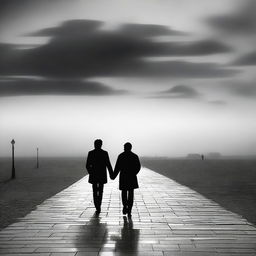 Compose a black and white image of a man walking towards his love, a woman who walks away from him, symbolizing diverging and contrasting emotions between the two.