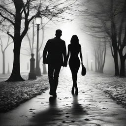 Compose a black and white image of a man walking towards his love, a woman who walks away from him, symbolizing diverging and contrasting emotions between the two.