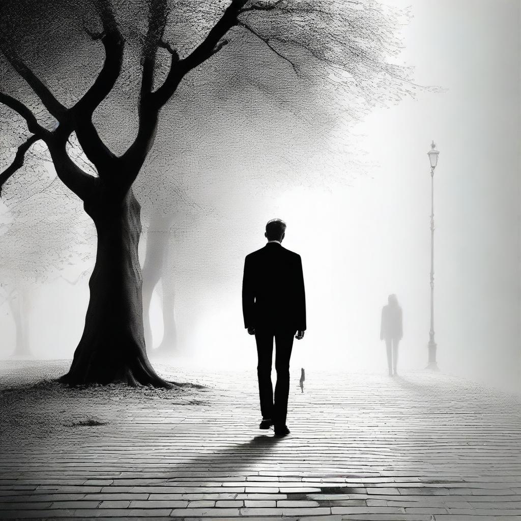 Compose a black and white image of a man walking towards his love, a woman who walks away from him, symbolizing diverging and contrasting emotions between the two.