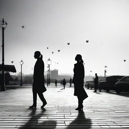 Depict a sequence of black and white images, one featuring a man walking towards his unreciprocated love, and another with the woman walking away from him, setting a scene of contrasting sentiments.