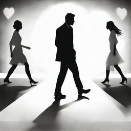 Depict a sequence of black and white images, one featuring a man walking towards his unreciprocated love, and another with the woman walking away from him, setting a scene of contrasting sentiments.