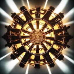 A glowing gear, radiant from within, with six hands reaching towards it from all directions.